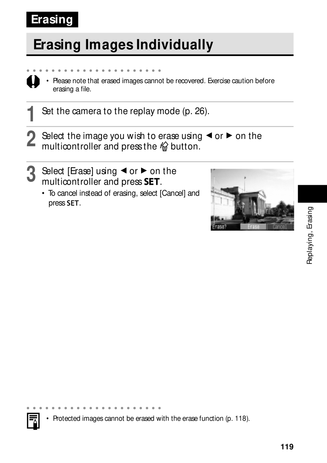 Canon PowerShot S45 manual Erasing Images Individually, To cancel instead of erasing, select Cancel Press, 119 