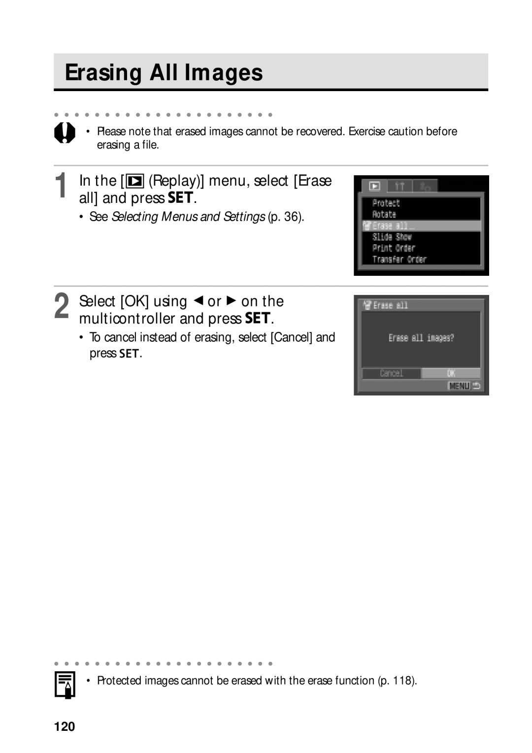 Canon PowerShot S45 manual Erasing All Images, Replay menu, select Erase All and press, 120 