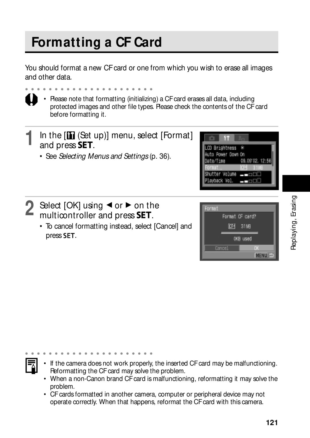 Canon PowerShot S45 manual Formatting a CF Card, Set up menu, select Format Press, 121 