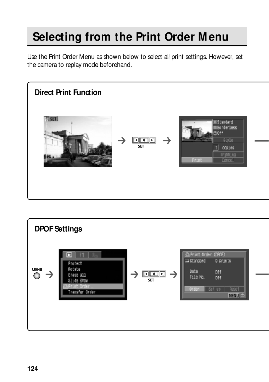 Canon PowerShot S45 manual Selecting from the Print Order Menu, 124 