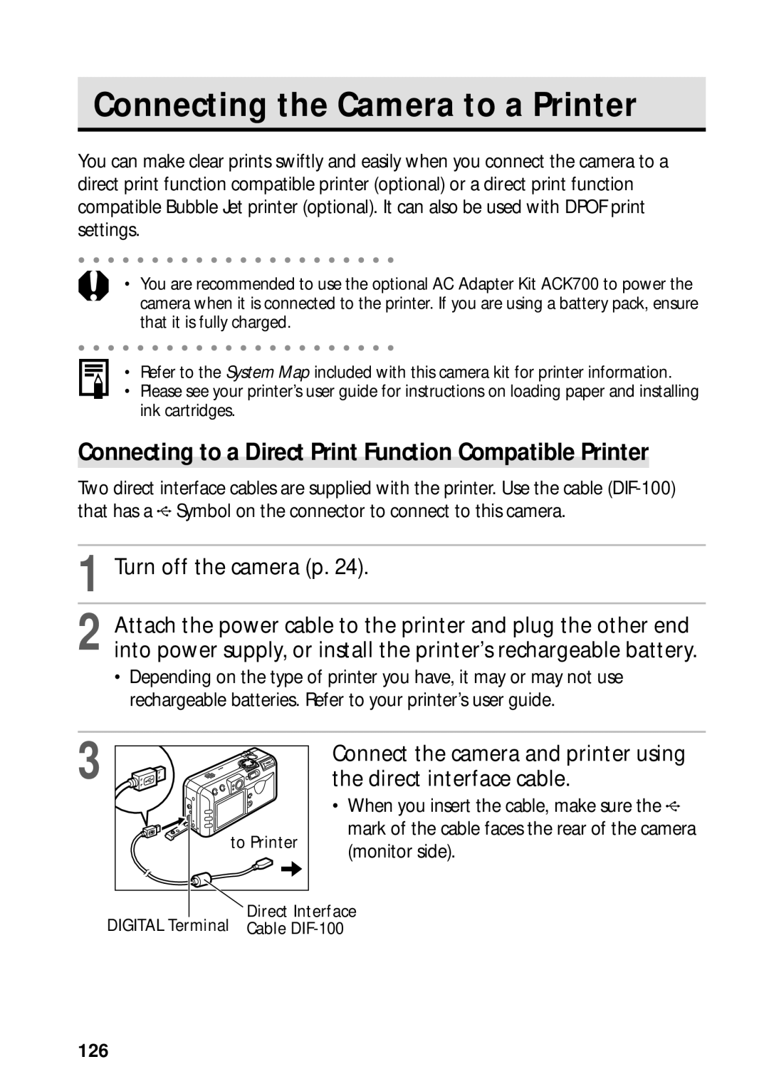 Canon PowerShot S45 Connecting the Camera to a Printer, Connecting to a Direct Print Function Compatible Printer, 126 