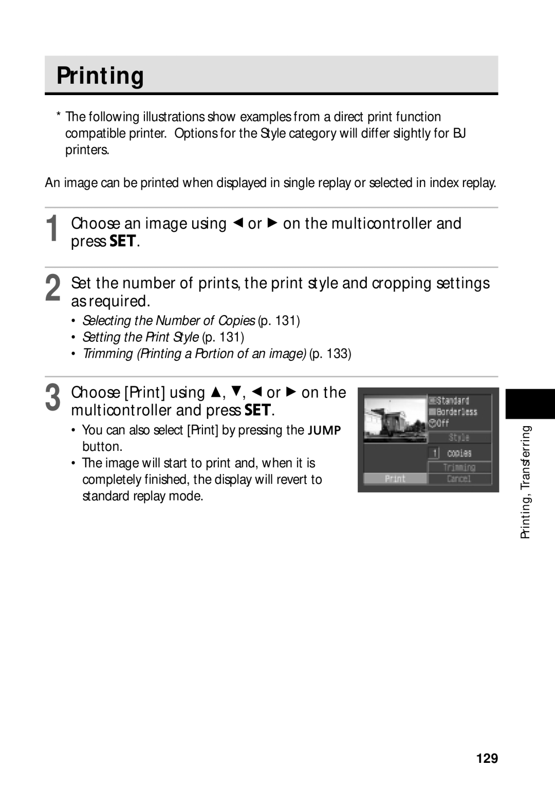 Canon PowerShot S45 manual Printing, 129 