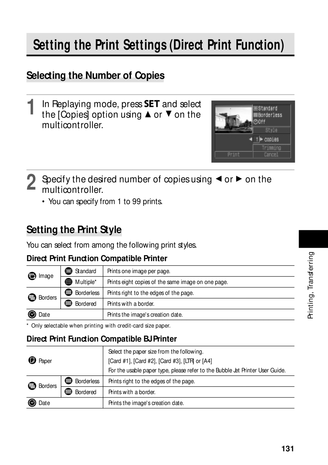 Canon PowerShot S45 Selecting the Number of Copies, Setting the Print Style, Direct Print Function Compatible Printer 