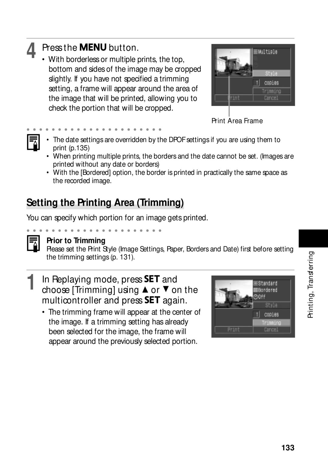 Canon PowerShot S45 manual Setting the Printing Area Trimming, You can specify which portion for an image gets printed, 133 