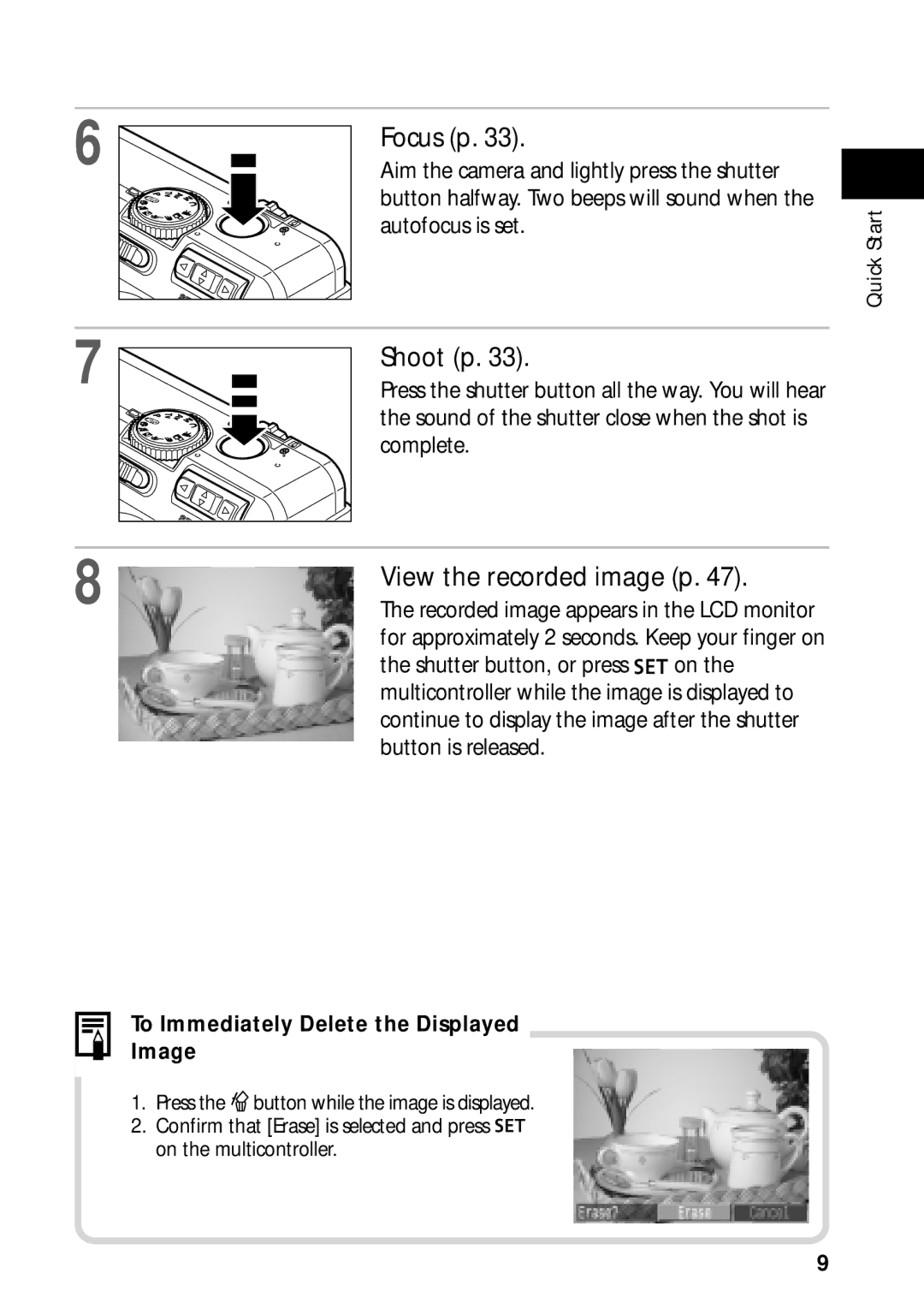 Canon PowerShot S45 manual Focus p, Shoot p, View the recorded image p 