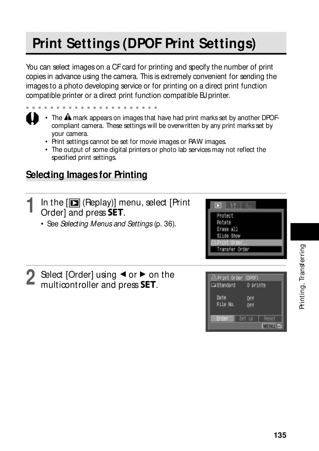 Canon PowerShot S45 manual Print Settings Dpof Print Settings, Selecting Images for Printing, 135 