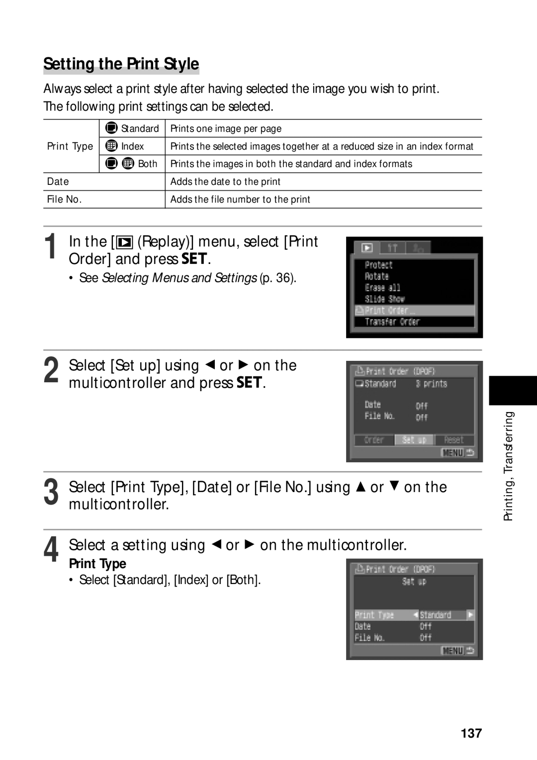 Canon PowerShot S45 manual Print Type, Select Standard, Index or Both, 137 