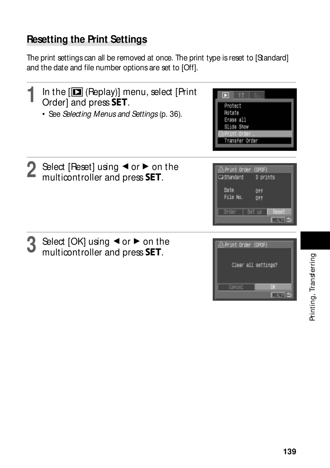 Canon PowerShot S45 manual Resetting the Print Settings, 139 