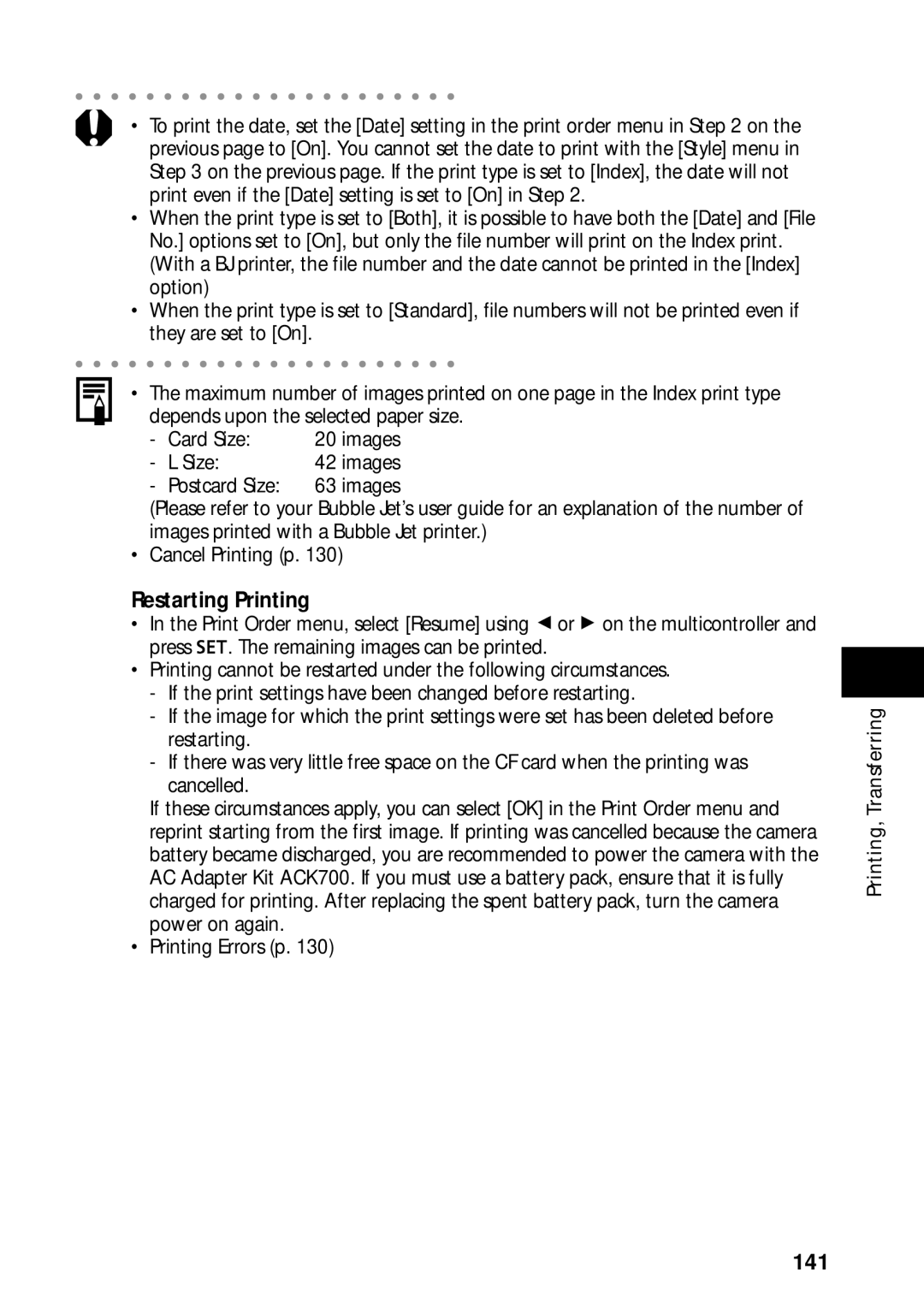 Canon PowerShot S45 manual Restarting Printing, 141 