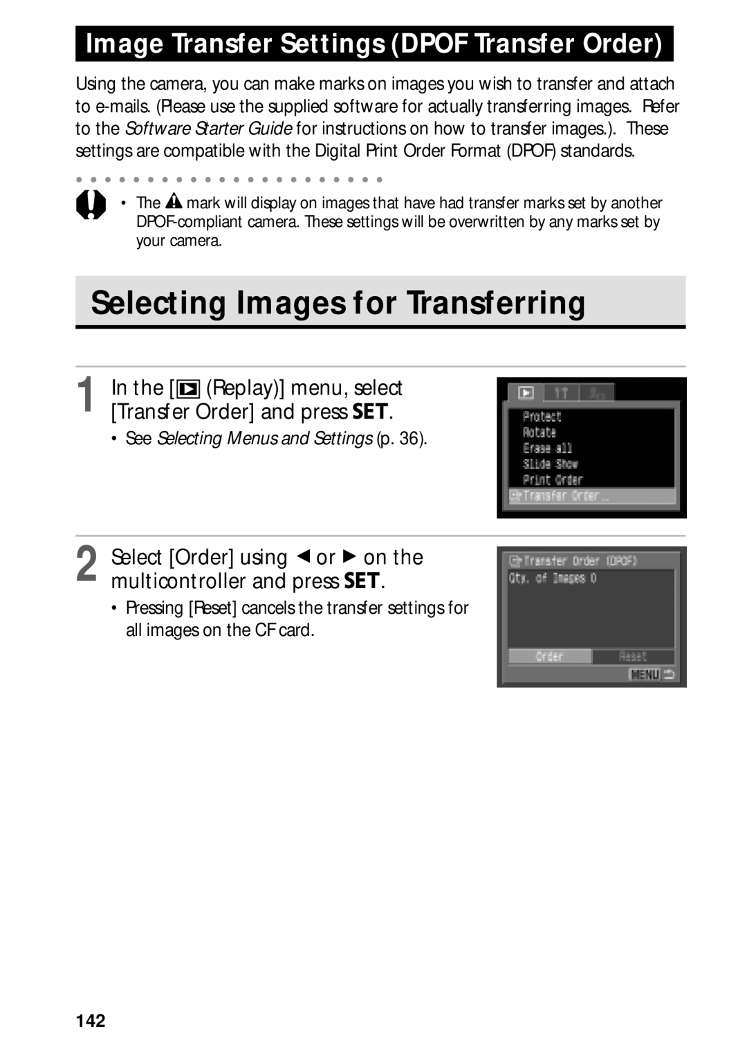 Canon PowerShot S45 manual Selecting Images for Transferring, Replay menu, select Transfer Order and press, 142 