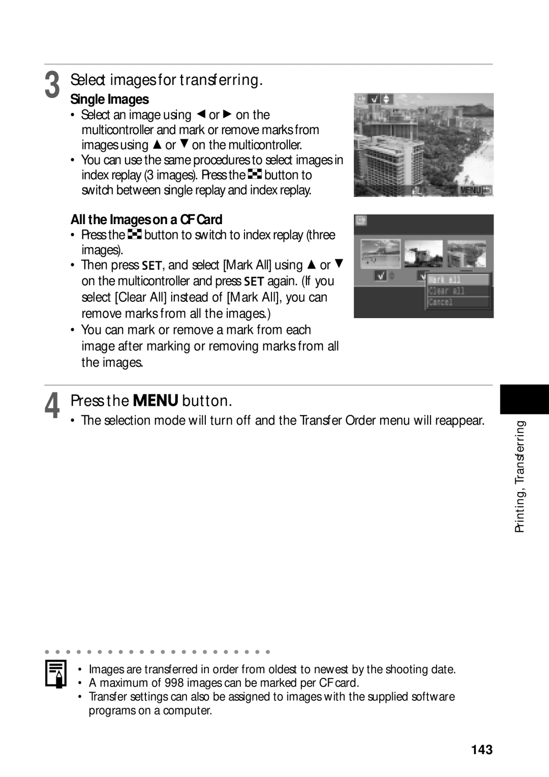 Canon PowerShot S45 manual Select images for transferring, 143 