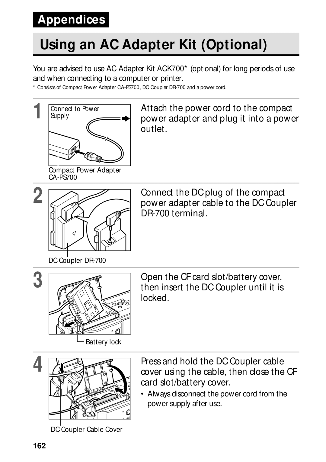 Canon PowerShot S45 manual Using an AC Adapter Kit Optional, 162 