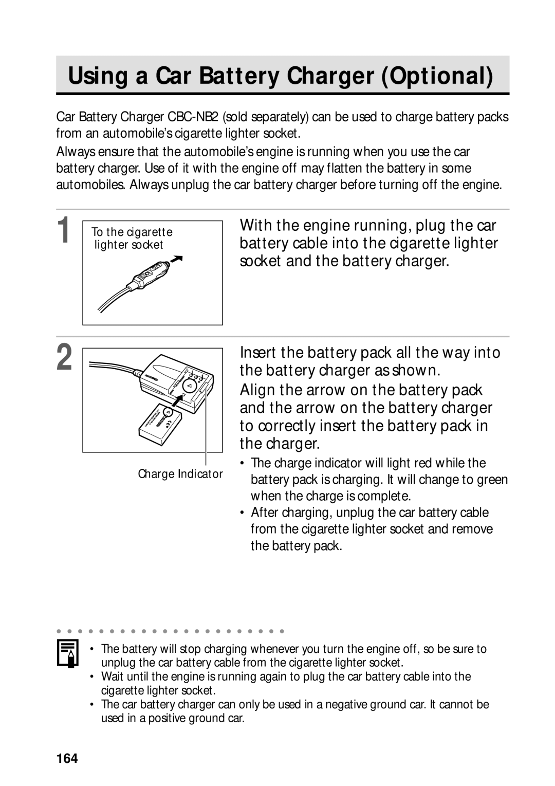 Canon PowerShot S45 manual Using a Car Battery Charger Optional, 164 