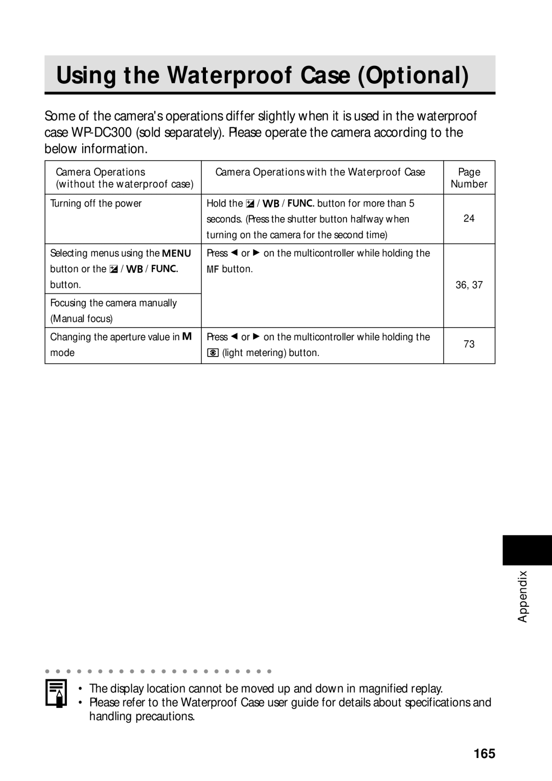 Canon PowerShot S45 manual Using the Waterproof Case Optional, 165 