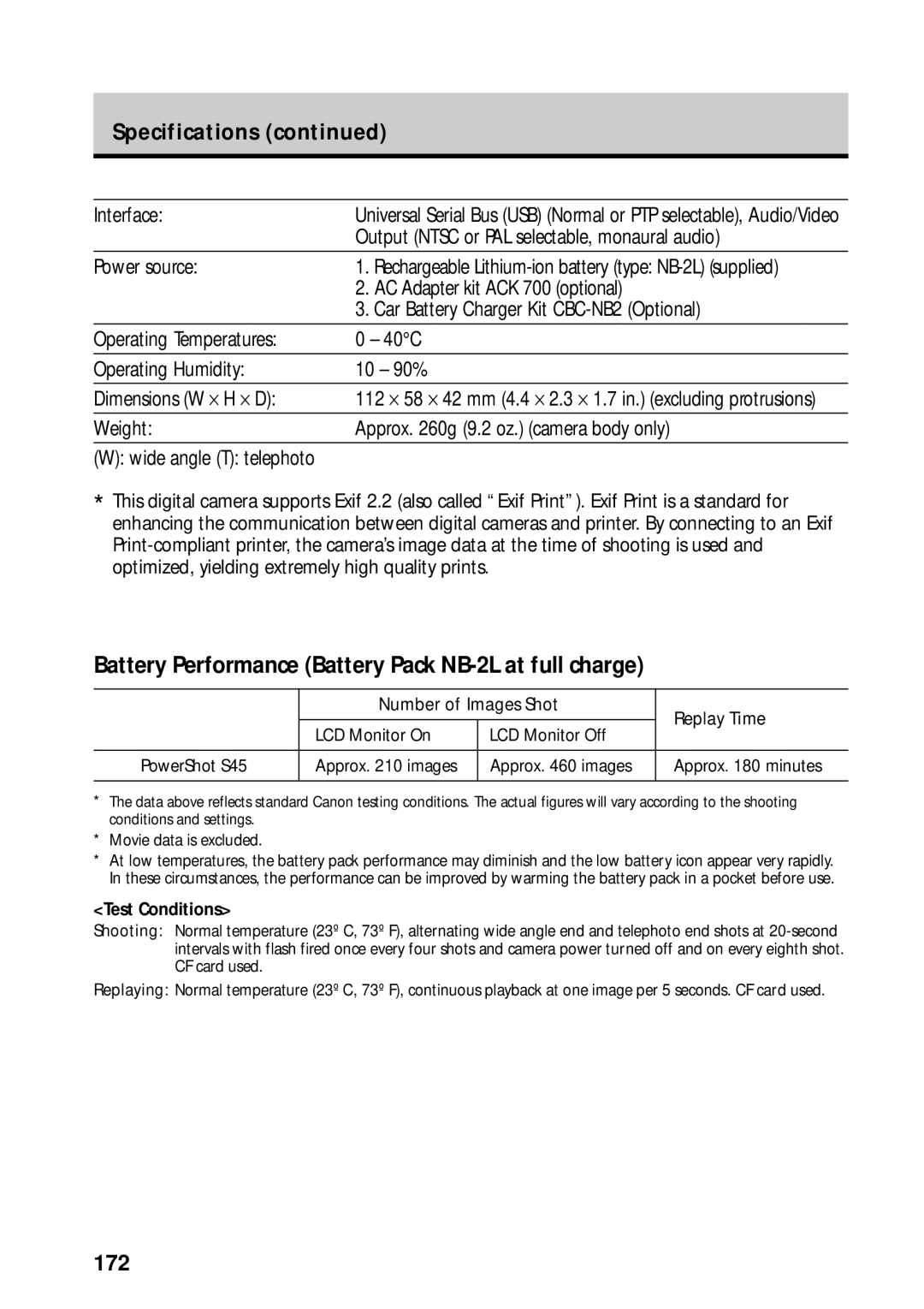 Canon PowerShot S45 manual Battery Performance Battery Pack NB-2L at full charge, Specifications, 172 