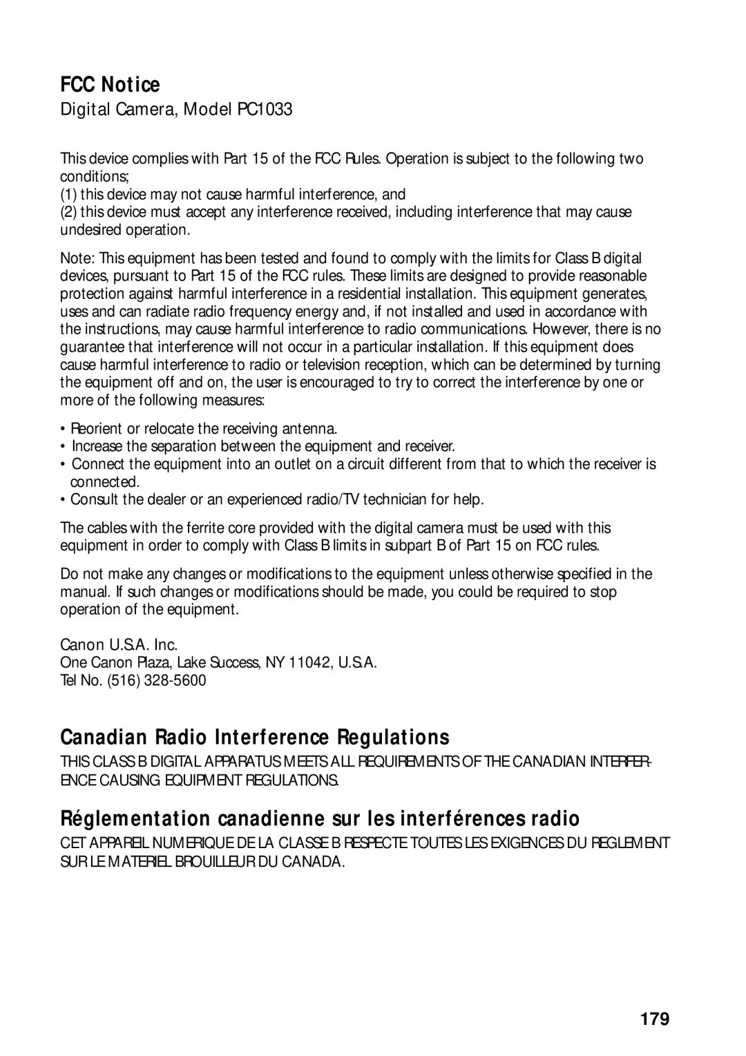 Canon PowerShot S45 manual FCC Notice, 179 