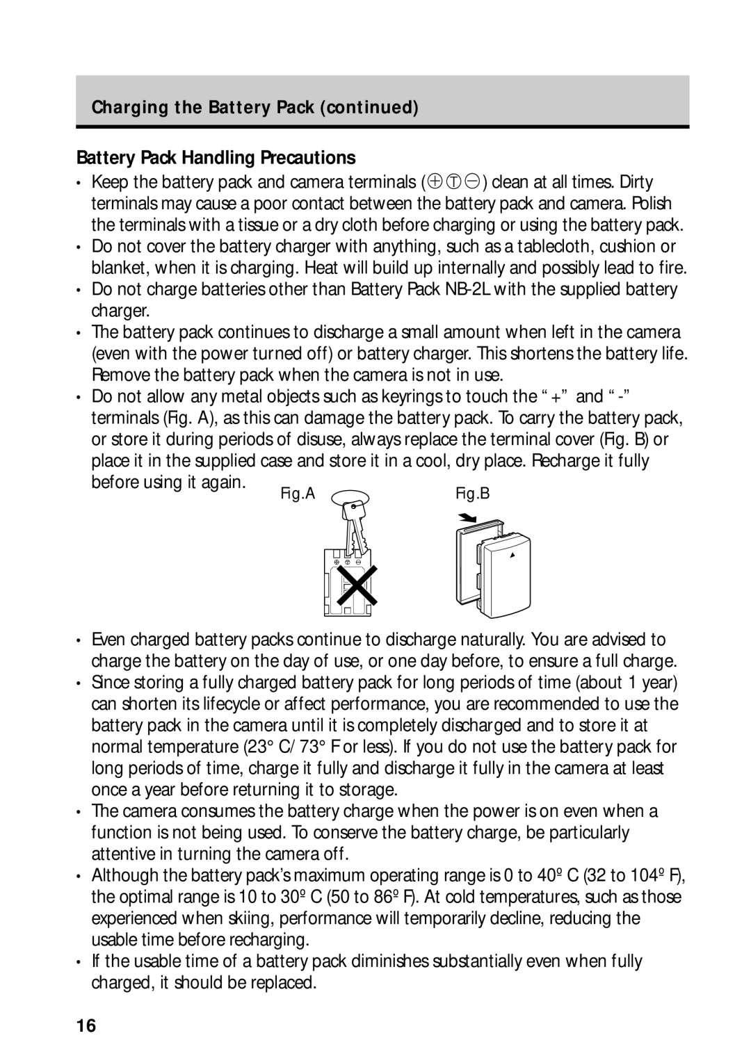 Canon PowerShot S45 manual Battery Pack Handling Precautions, Before using it again, Charging the Battery Pack 