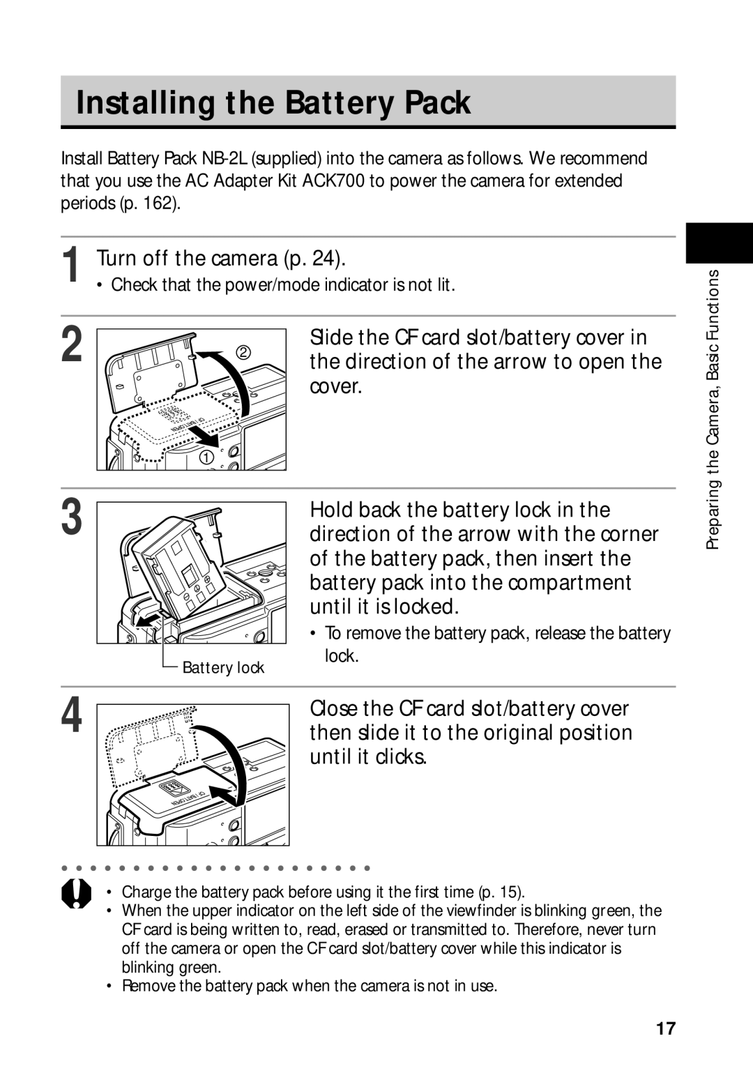 Canon PowerShot S45 manual Installing the Battery Pack, Turn off the camera p, Then slide it to the original position 