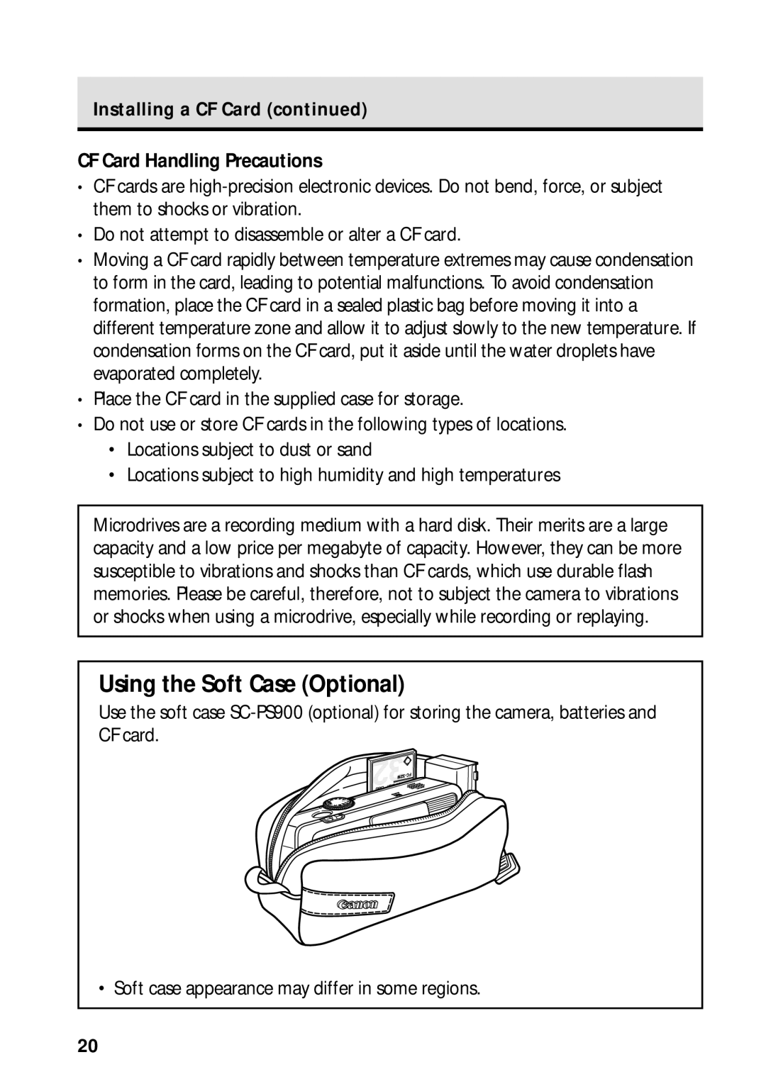 Canon PowerShot S45 manual Using the Soft Case Optional, CF Card Handling Precautions, Installing a CF Card 