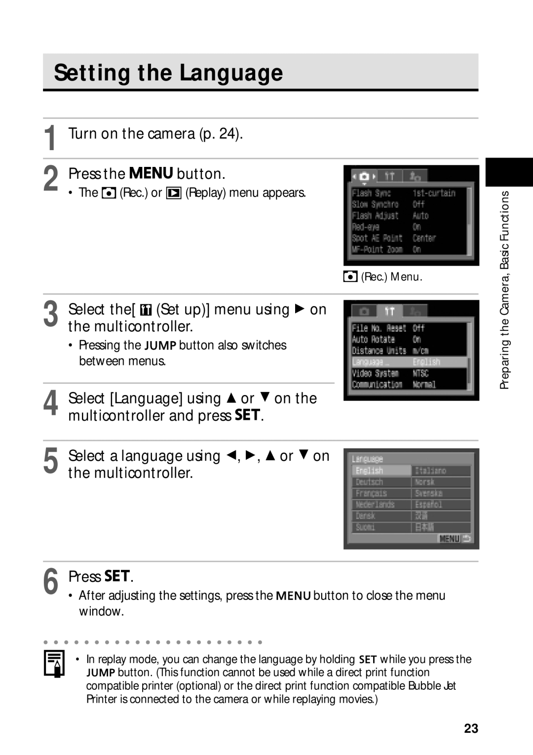 Canon PowerShot S45 manual Setting the Language, Rec. or Replay menu appears, Window 