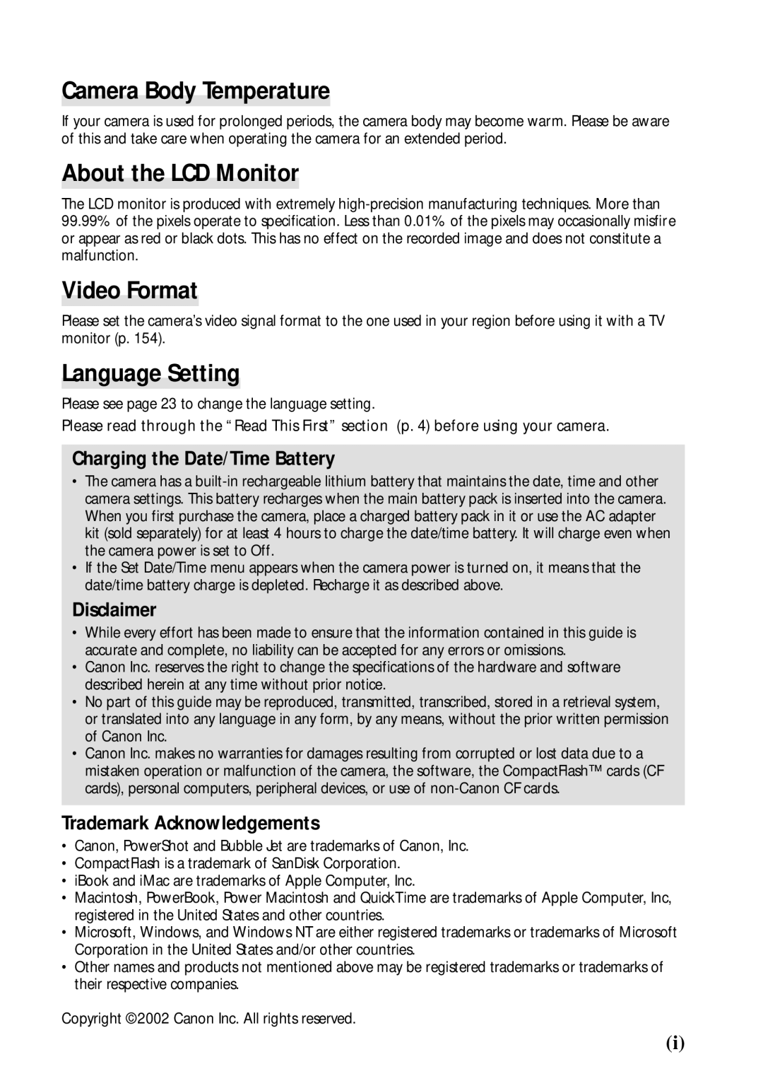 Canon PowerShot S45 manual Camera Body Temperature, About the LCD Monitor, Video Format, Language Setting 