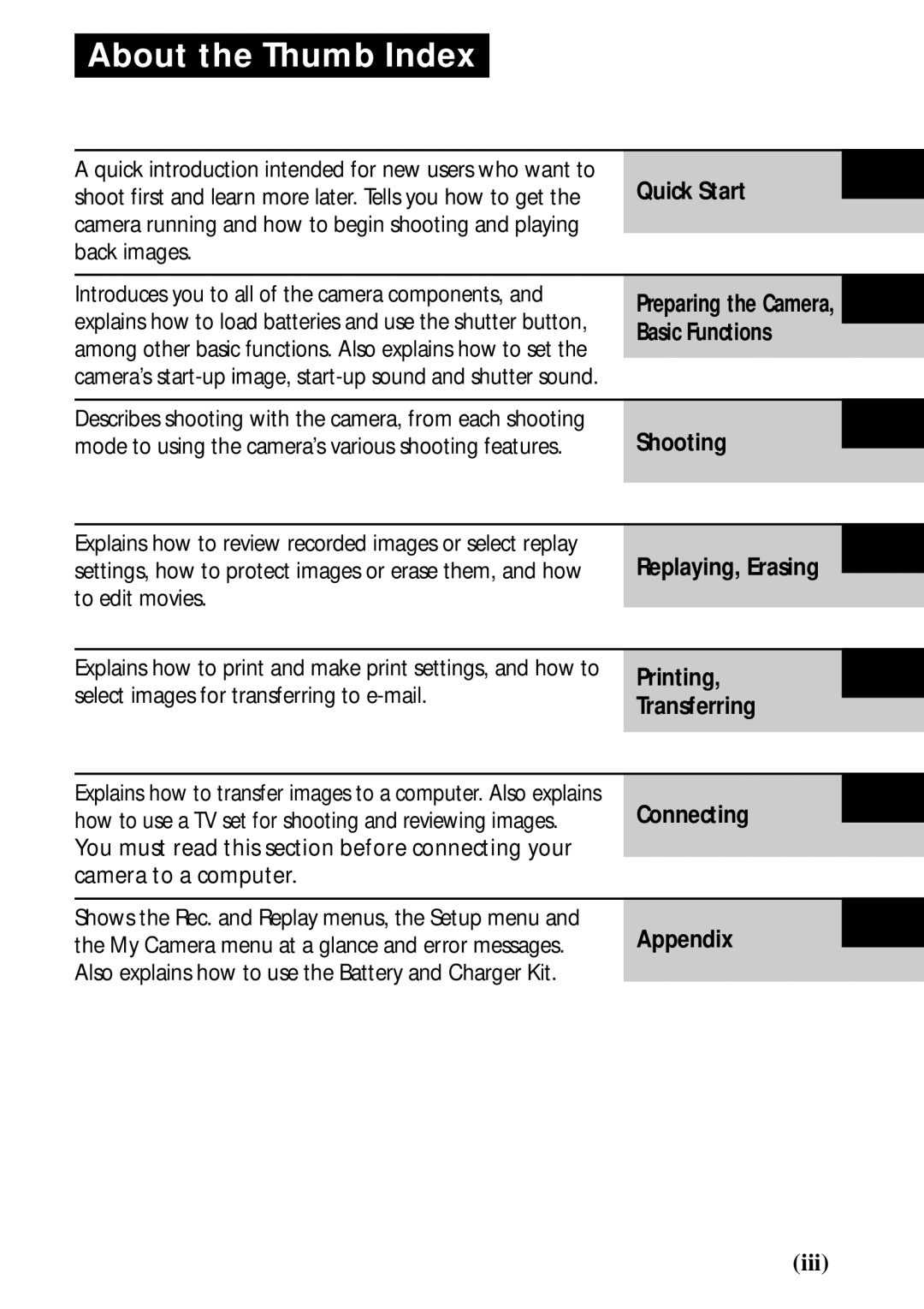 Canon PowerShot S45 manual About the Thumb Index, Printing, Transferring 