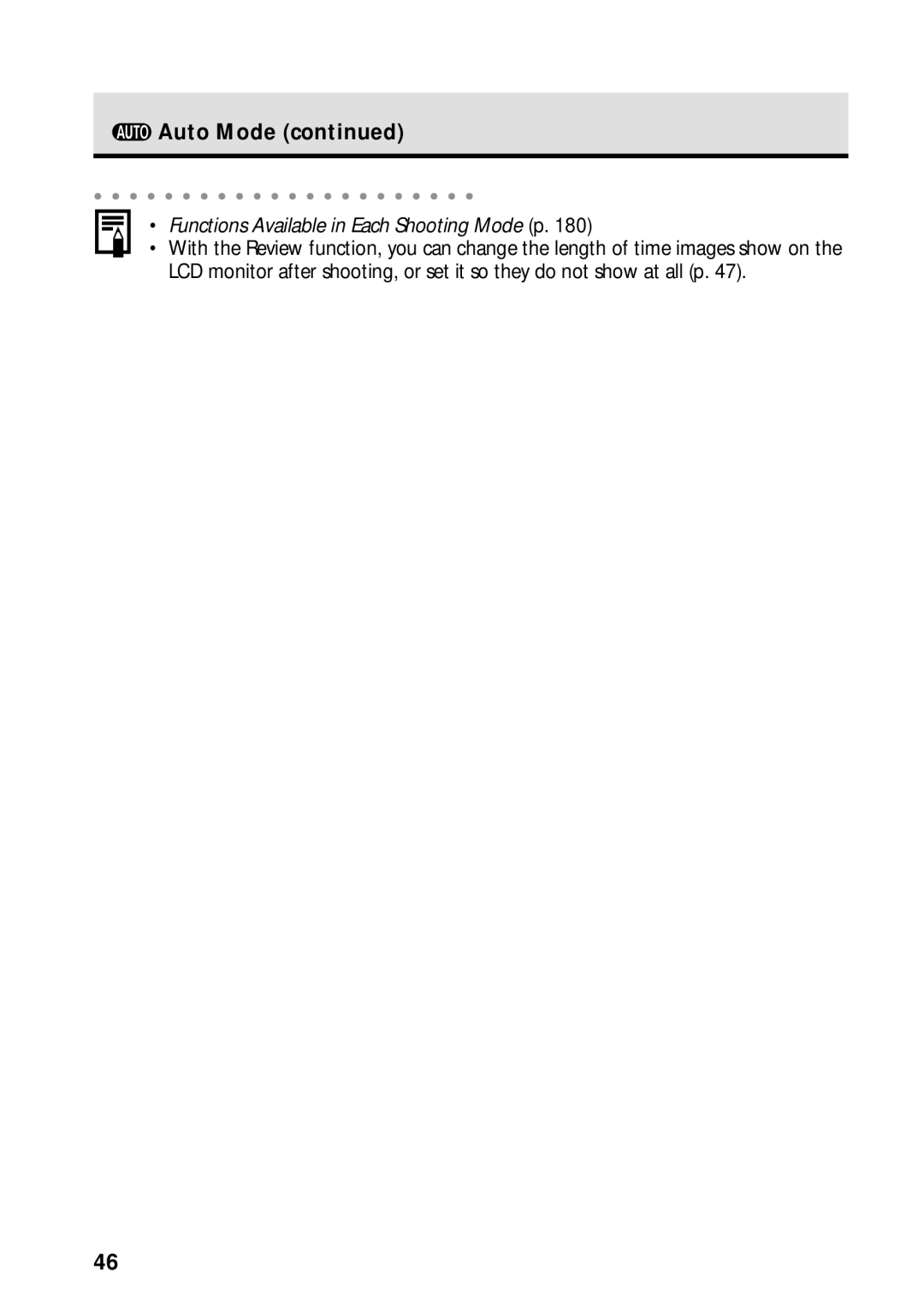 Canon PowerShot S45 manual Auto Mode, Functions Available in Each Shooting Mode p 