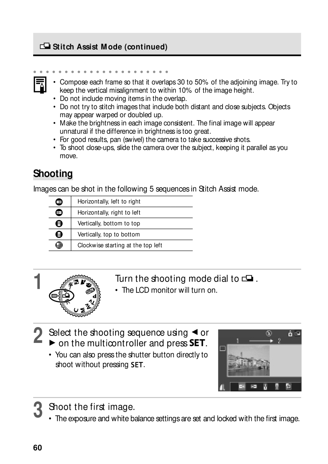 Canon PowerShot S45 manual Shooting, Shoot the first image, LCD monitor will turn on, Stitch Assist Mode 