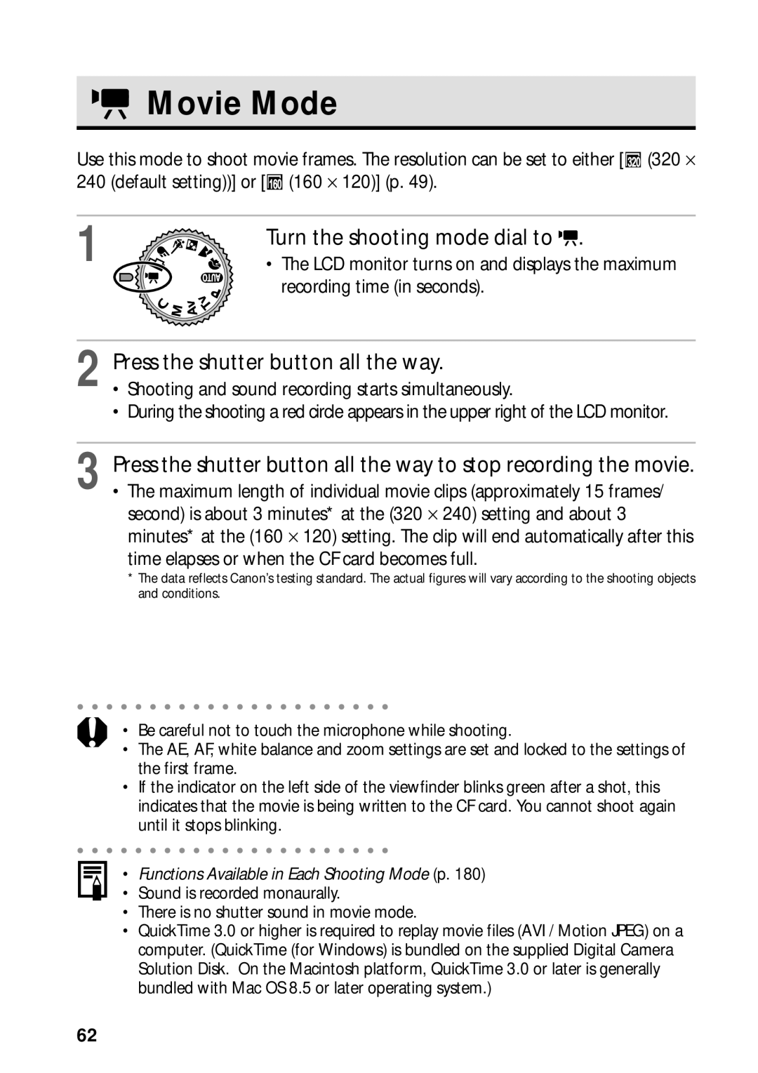 Canon PowerShot S45 manual Movie Mode, Press the shutter button all the way 