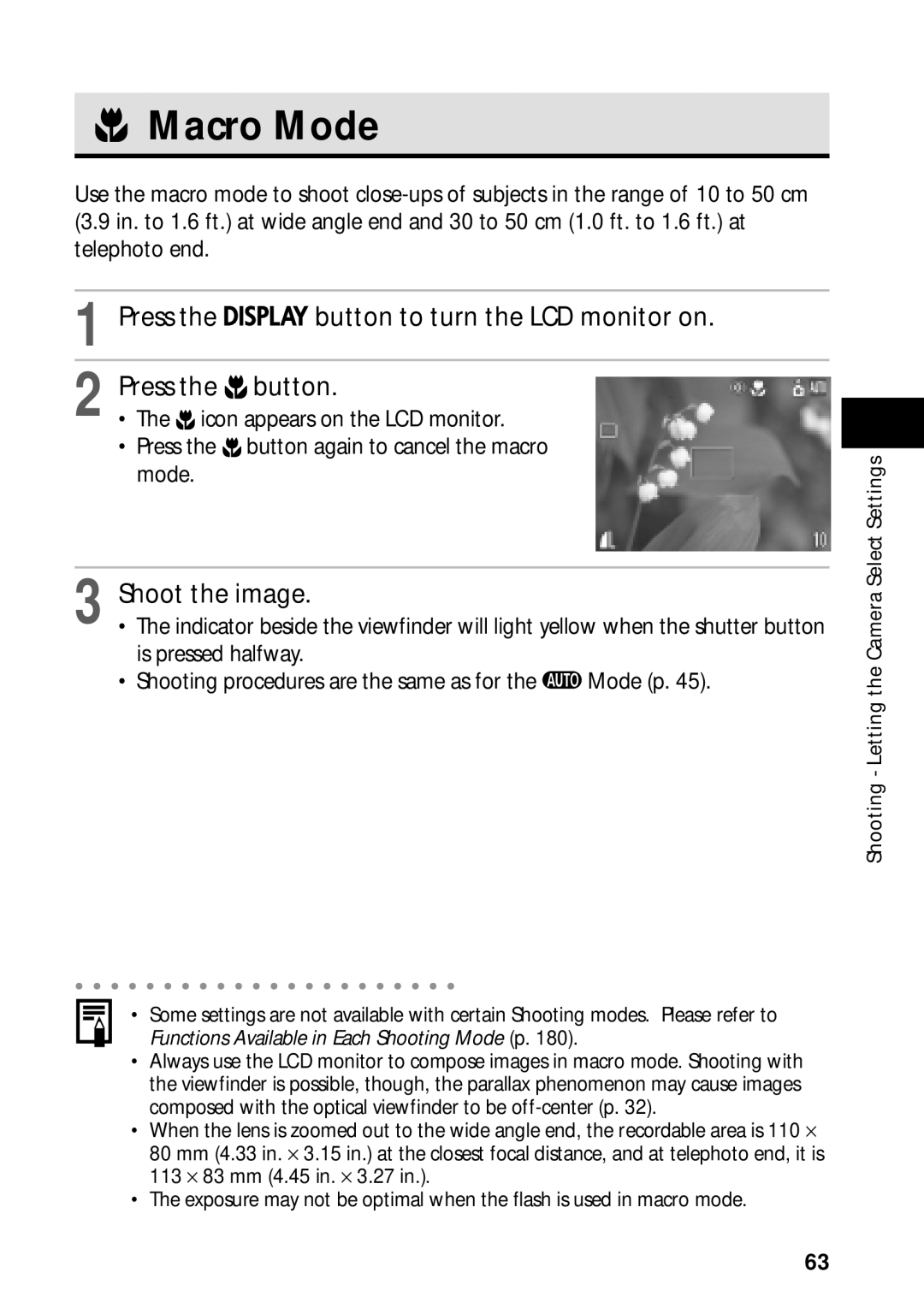 Canon PowerShot S45 manual Macro Mode, Press Button to turn the LCD monitor on, Icon appears on the LCD monitor 