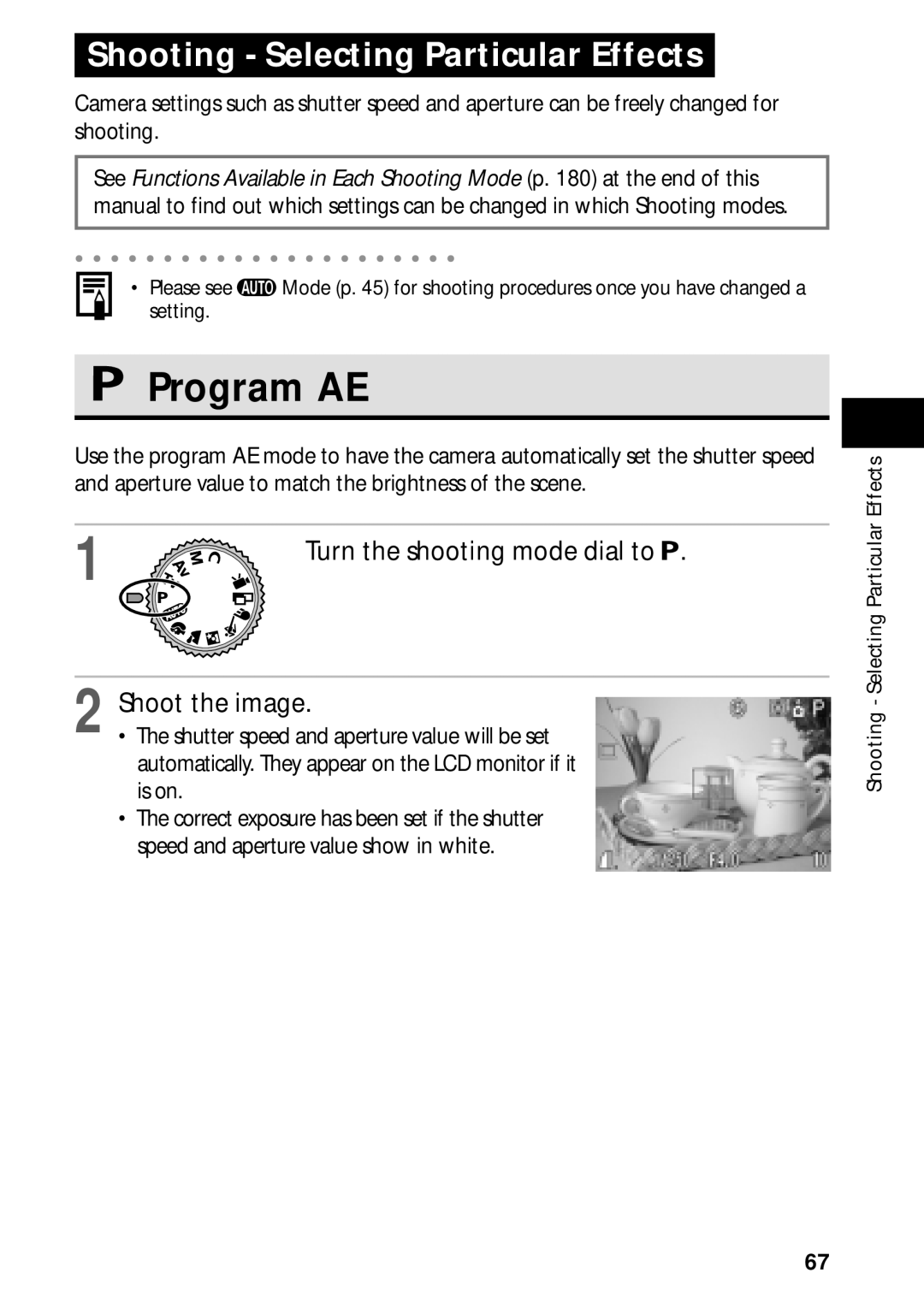 Canon PowerShot S45 manual Program AE, Shooting Selecting Particular Effects 