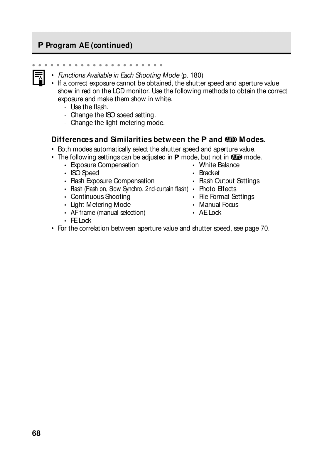 Canon PowerShot S45 manual Program AE, Differences and Similarities between the and Modes 