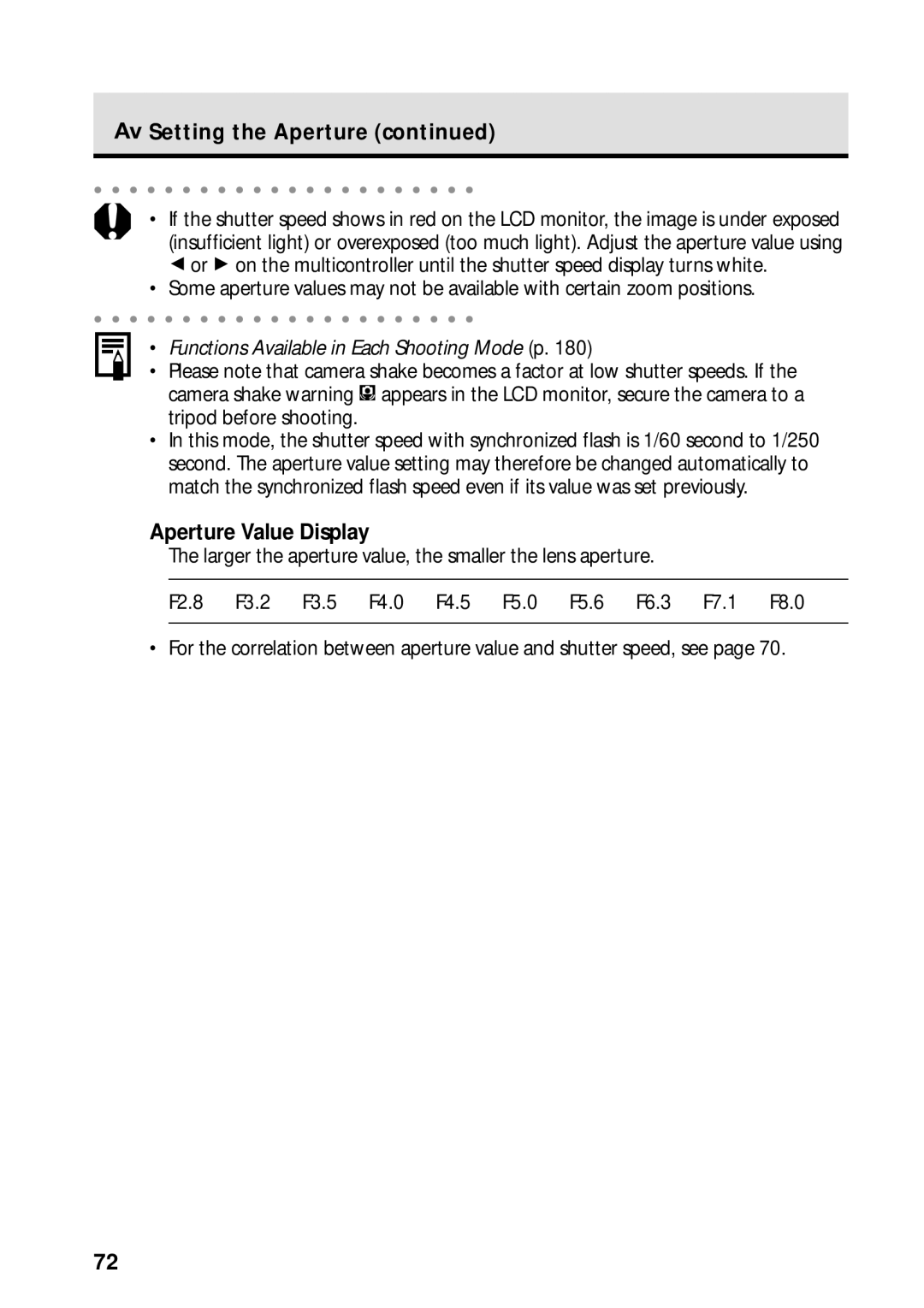 Canon PowerShot S45 manual Setting the Aperture, Aperture Value Display 