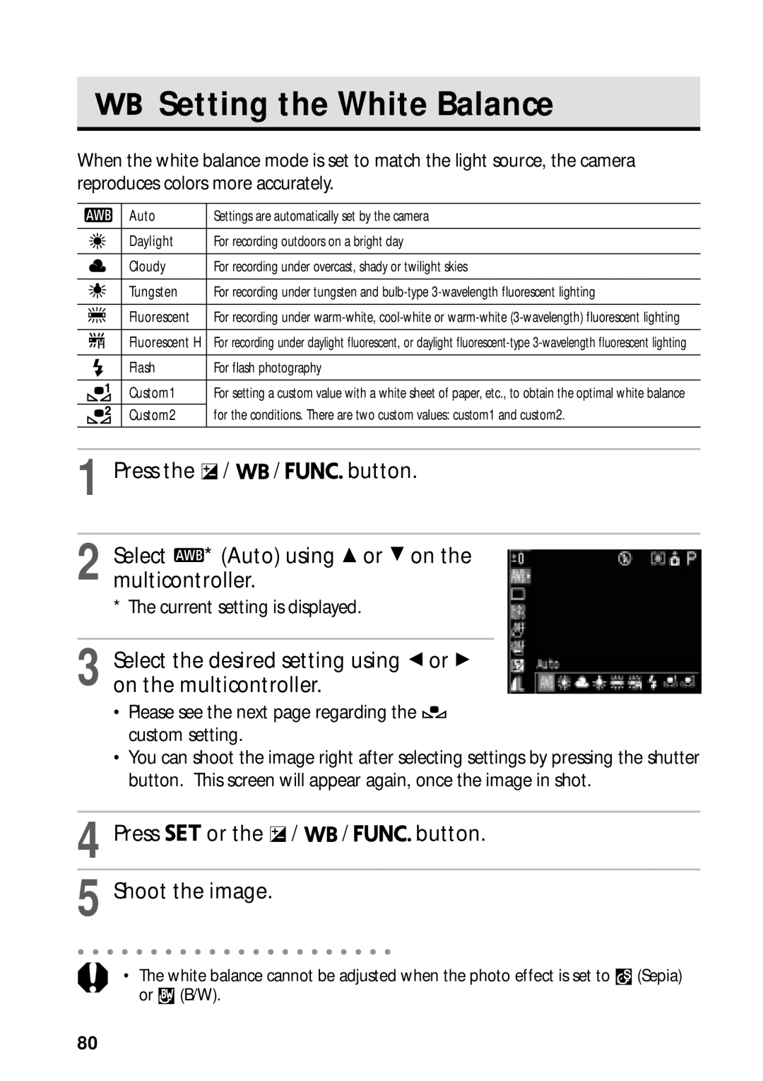 Canon PowerShot S45 manual Setting the White Balance, Select * Auto using C or D on the multicontroller, Press 