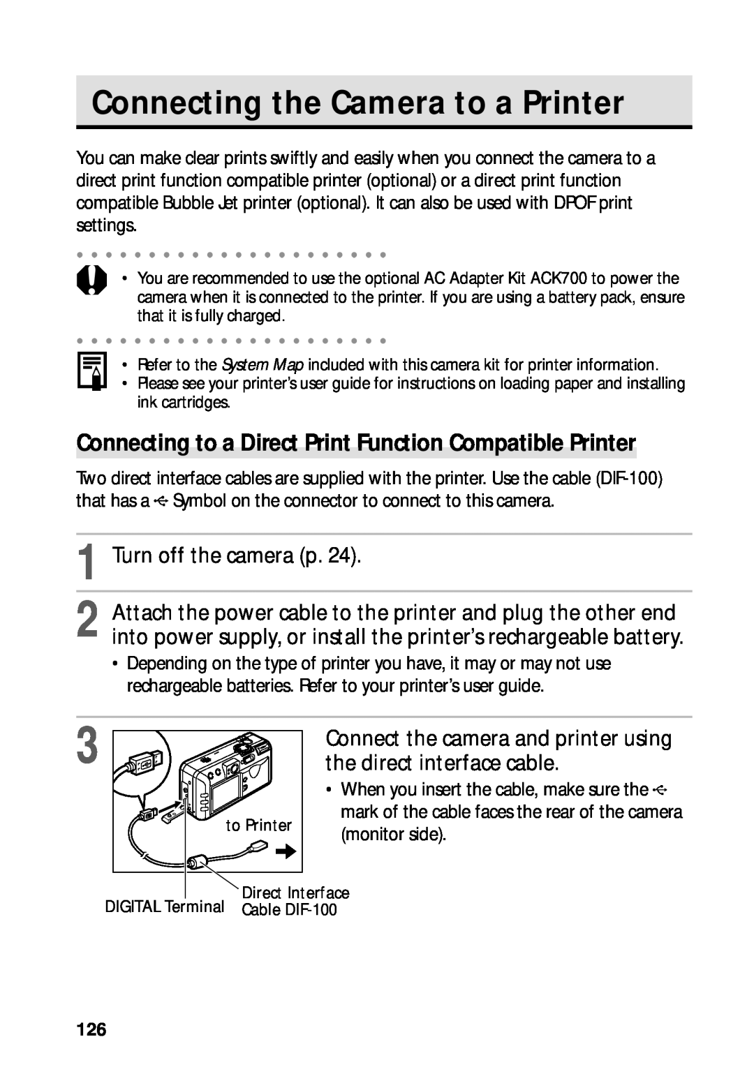 Canon PowerShot S45 manual Connecting the Camera to a Printer, Connecting to a Direct Print Function Compatible Printer 