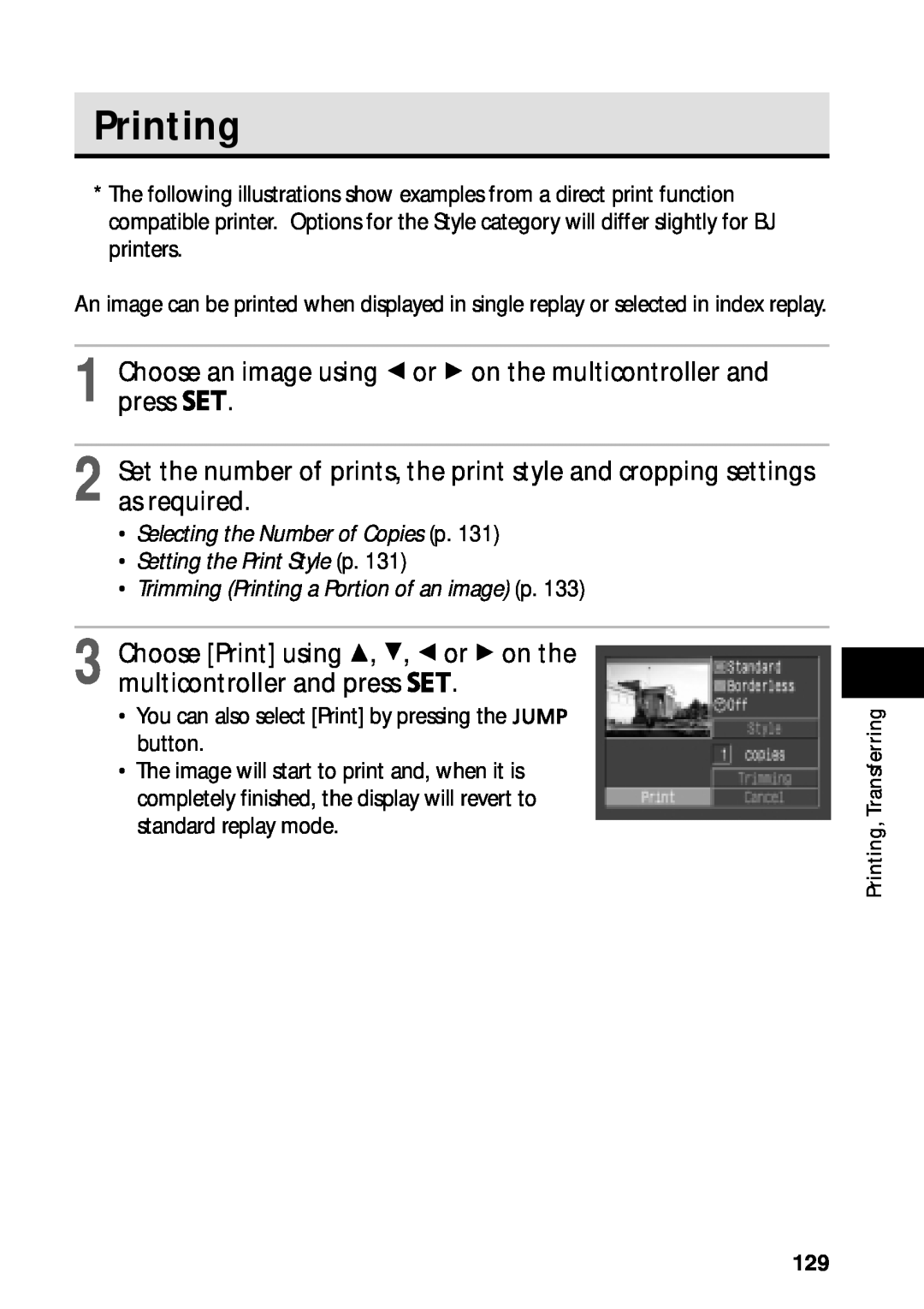 Canon PowerShot S45 manual Printing, Choose an image using B or A on the multicontroller and press 