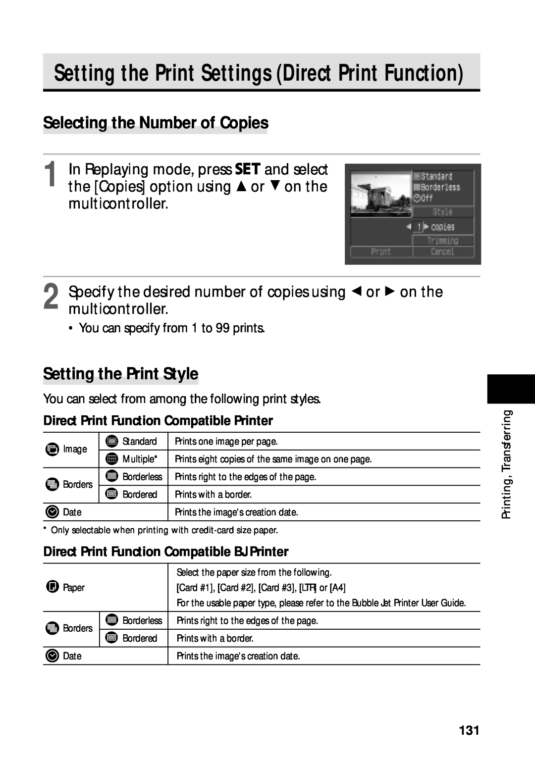 Canon PowerShot S45 manual Setting the Print Settings Direct Print Function, Selecting the Number of Copies 