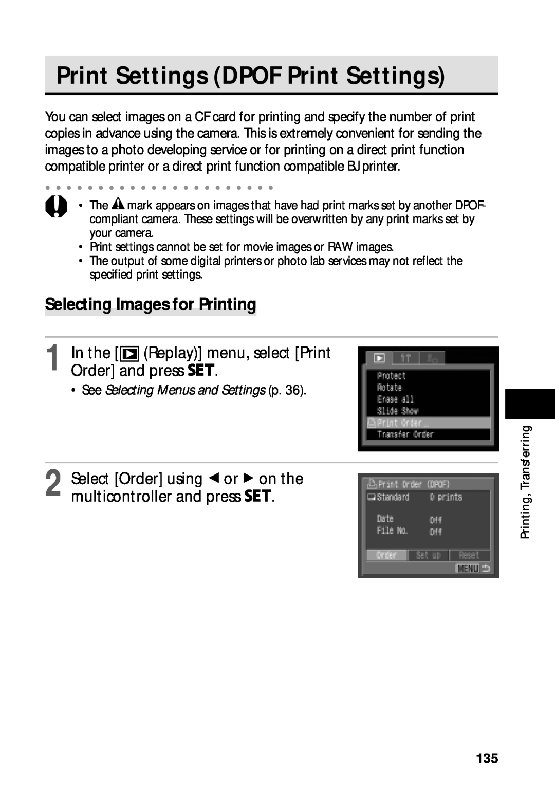 Canon PowerShot S45 Print Settings DPOF Print Settings, Selecting Images for Printing, See Selecting Menus and Settings p 