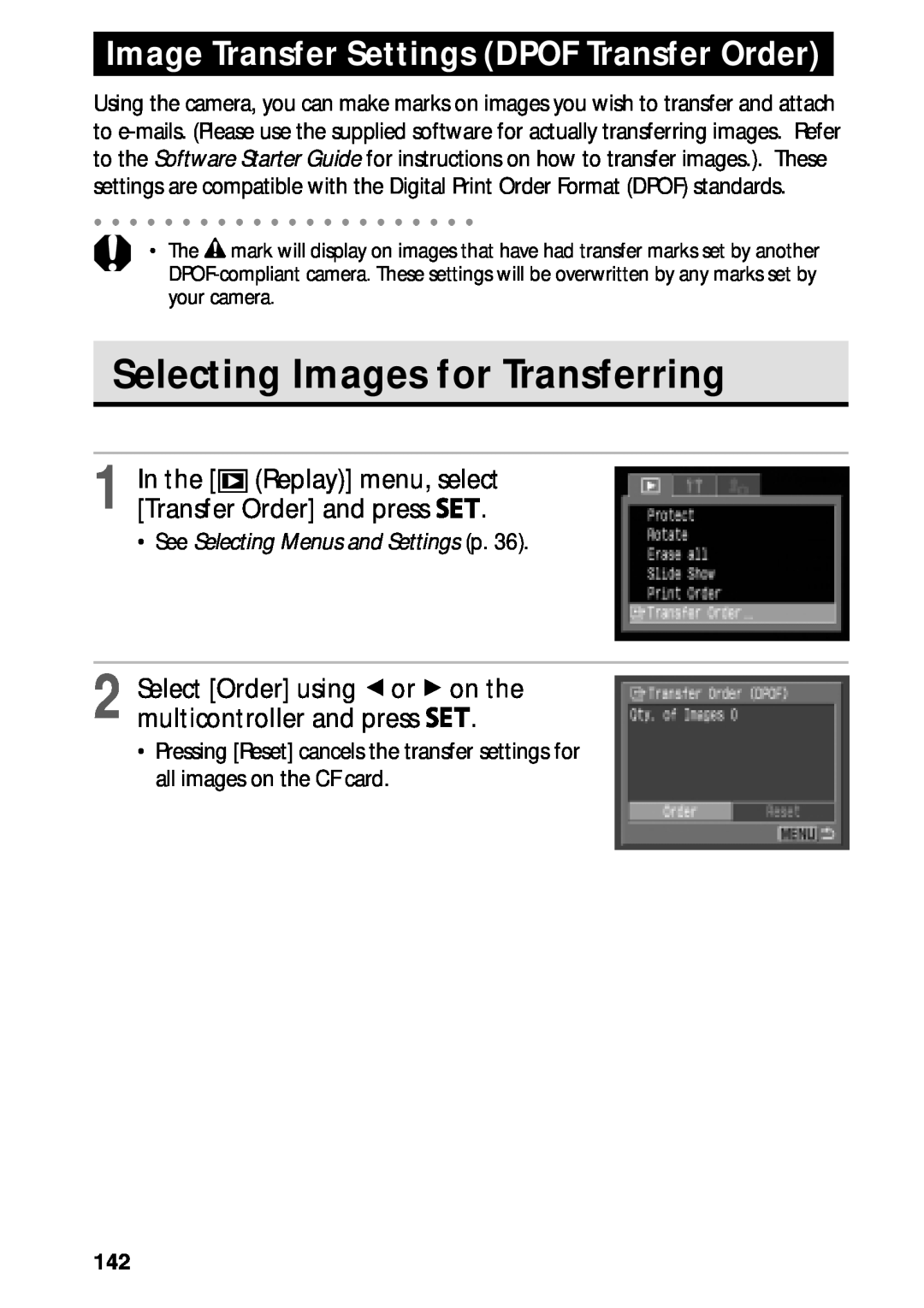 Canon PowerShot S45 manual Selecting Images for Transferring, Image Transfer Settings DPOF Transfer Order 