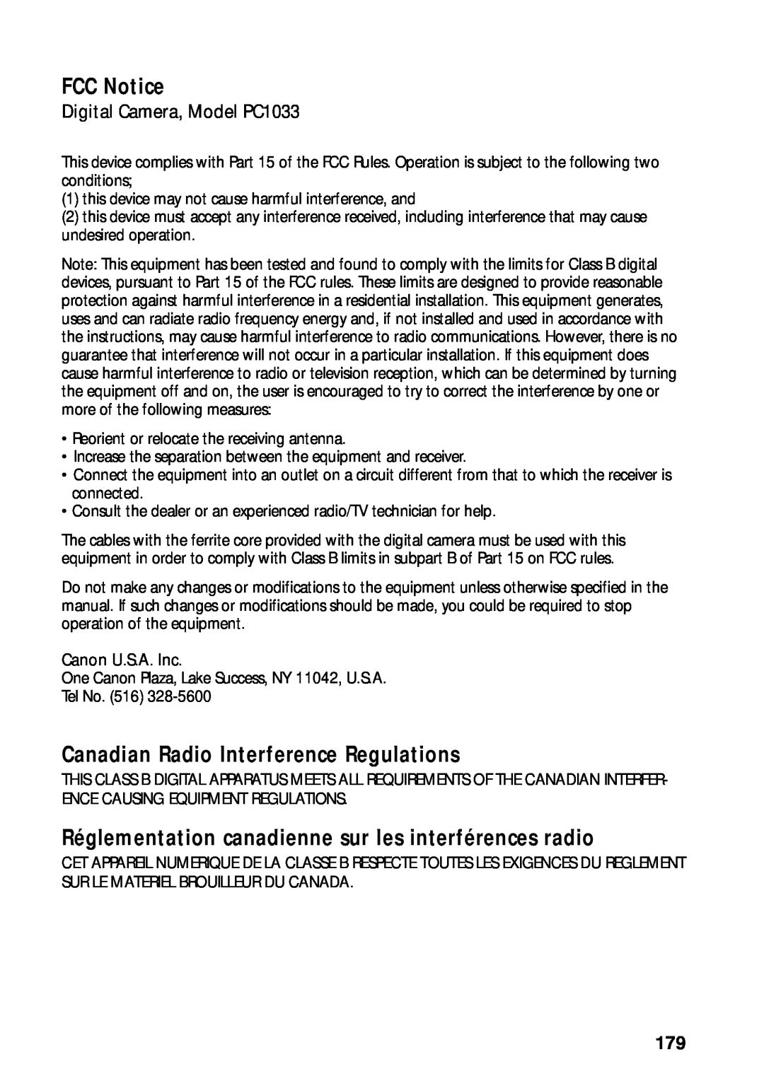 Canon PowerShot S45 manual FCC Notice, Canadian Radio Interference Regulations, Digital Camera, Model PC1033 