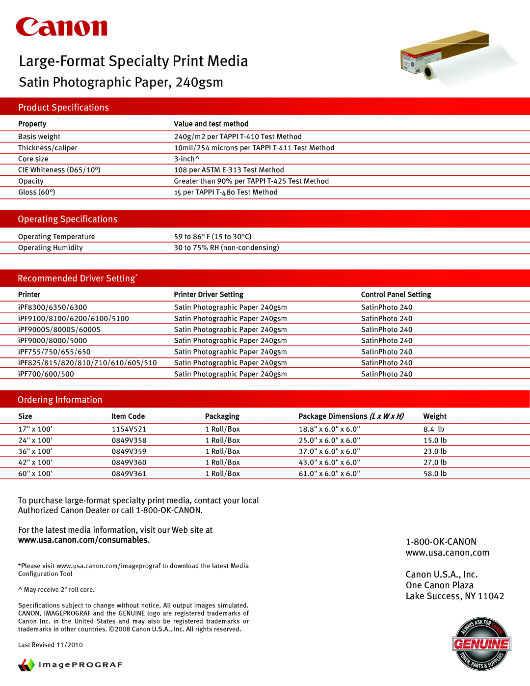 Canon Printer Accessories Large-Format Specialty Print Media, Satin Photographic Paper, 240gsm, Product Specifications 