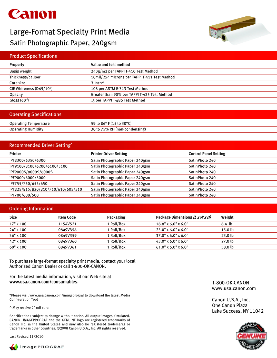 Canon Printer Accessories manual Large-Format Specialty Print Media, Product Specifications, Operating Specifications 