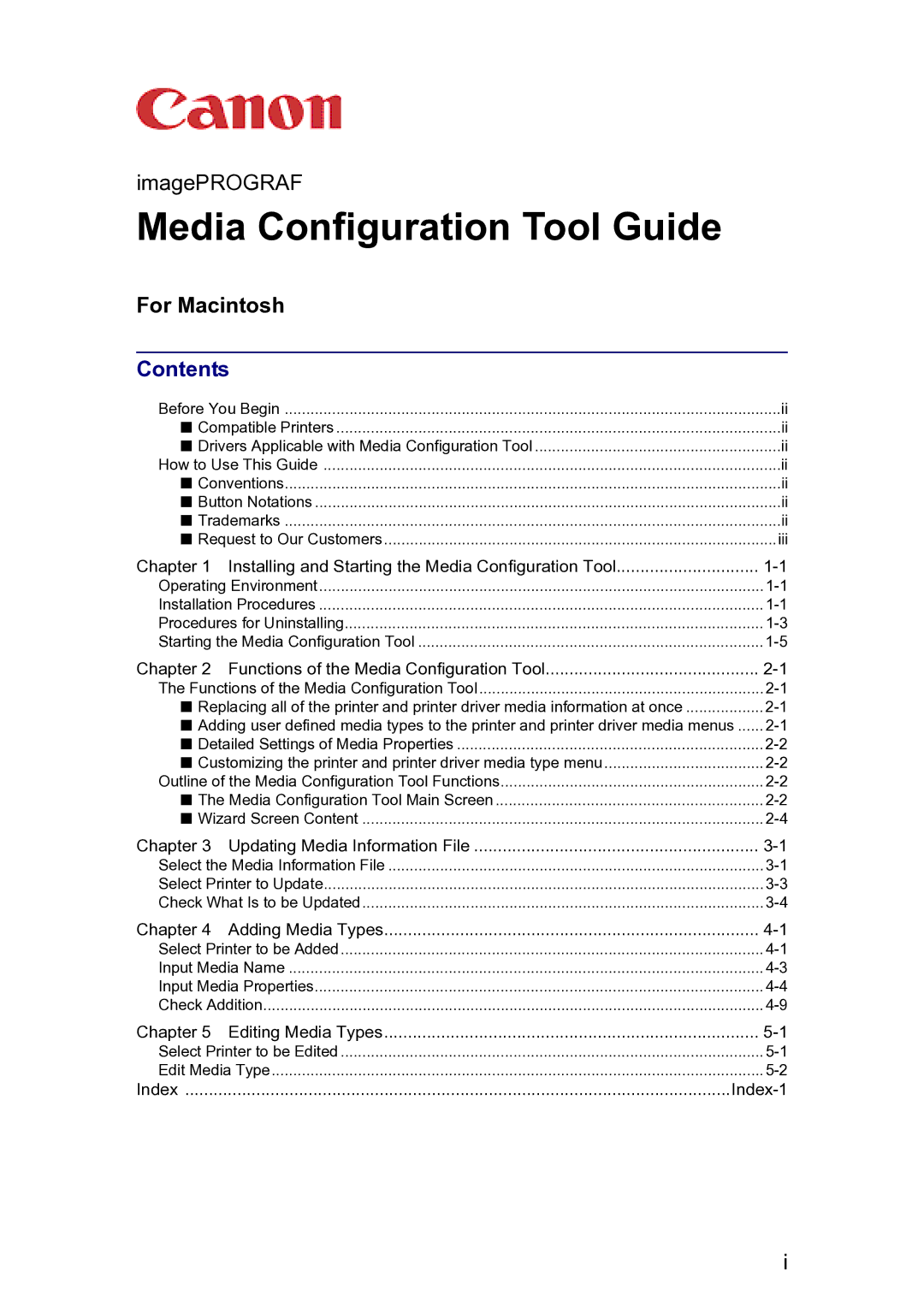 Canon Printer manual Media Configuration Tool Guide, Contents 