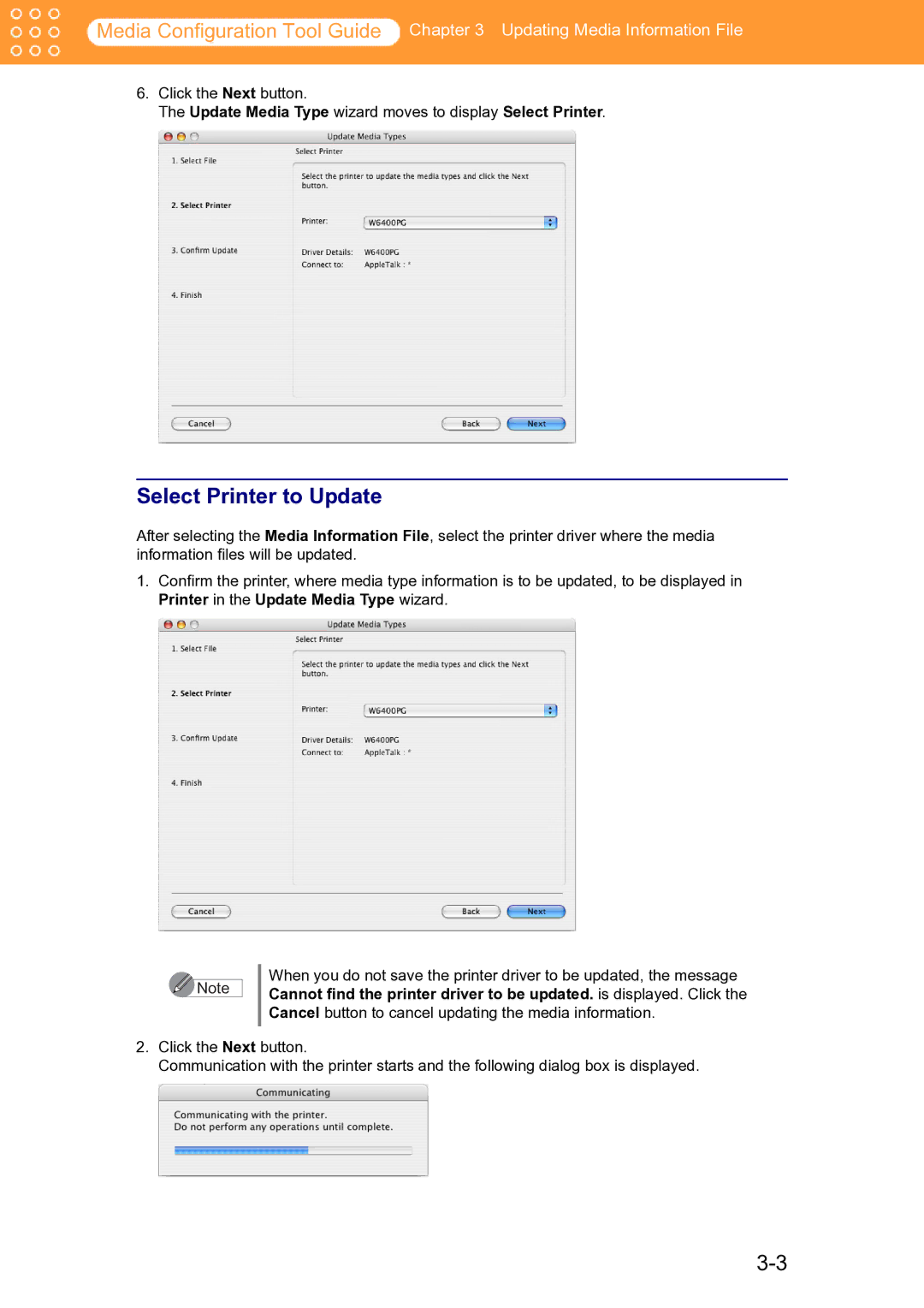 Canon manual Select Printer to Update, Update Media Type wizard moves to display Select Printer 