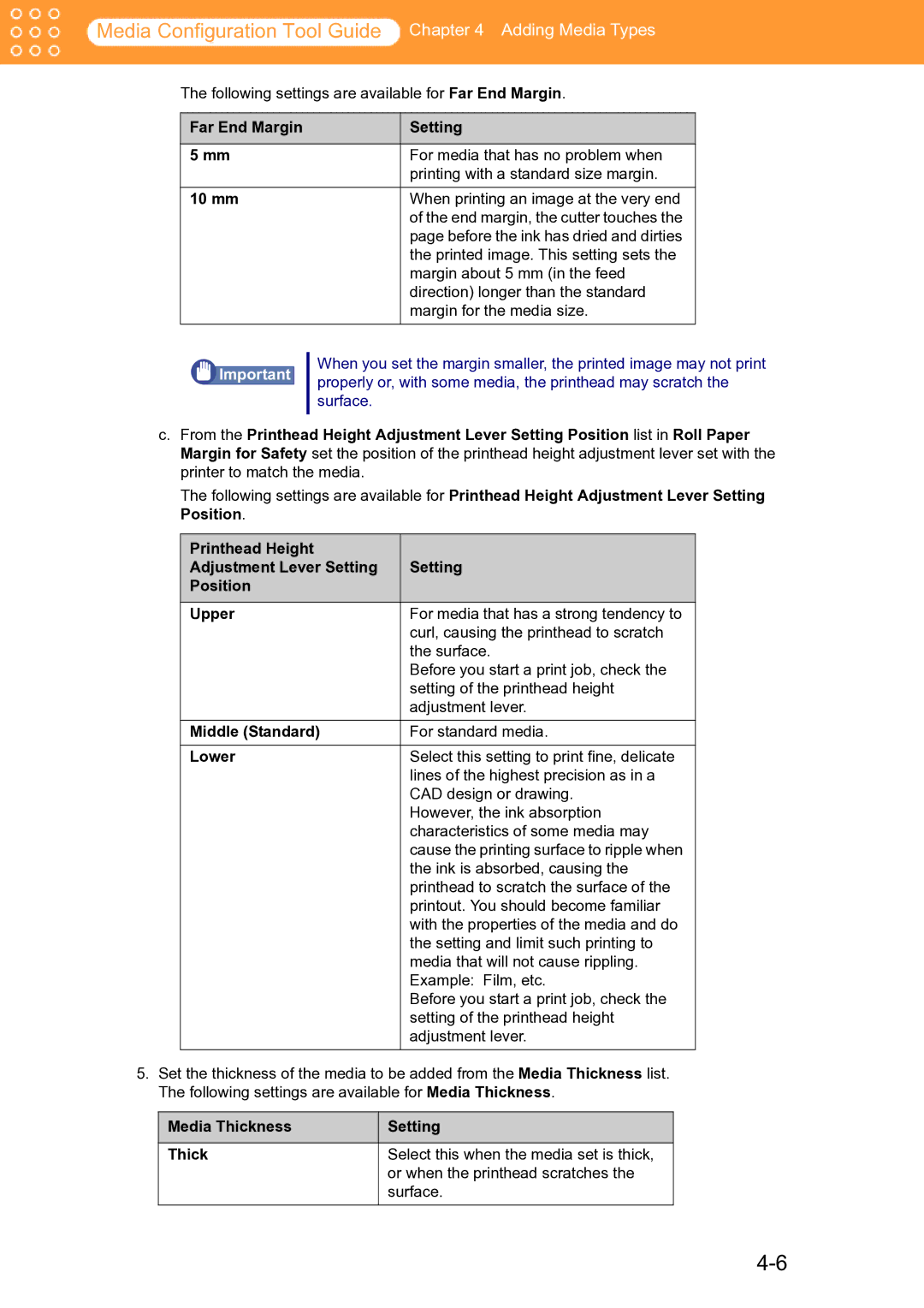 Canon Printer manual Far End Margin Setting, 10 mm, Middle Standard, Lower 