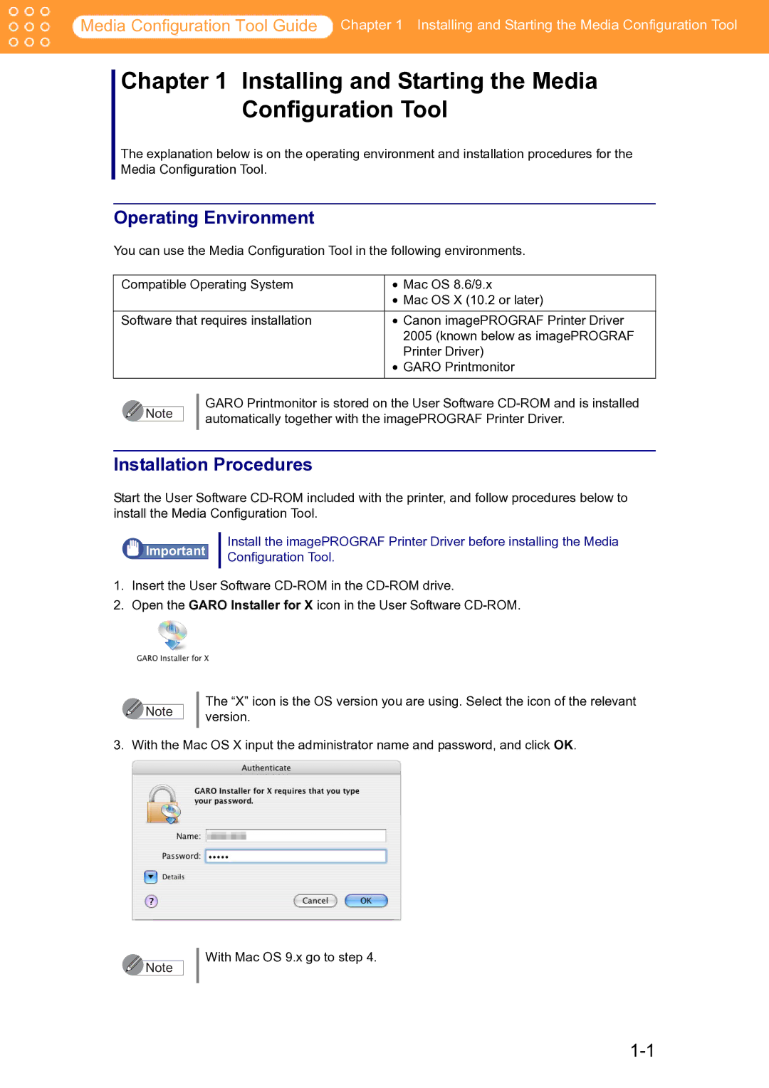 Canon Printer manual Installing and Starting the Media Configuration Tool, Operating Environment, Installation Procedures 