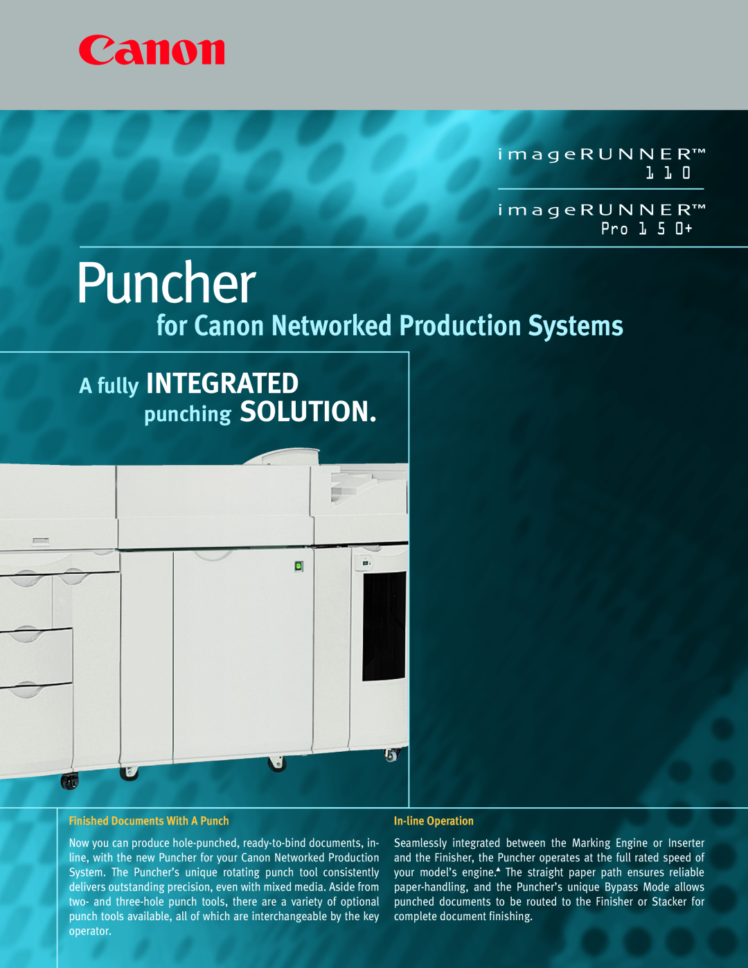 Canon 110 manual Finished Documents With A Punch, In-line Operation, Puncher, for Canon Networked Production Systems 