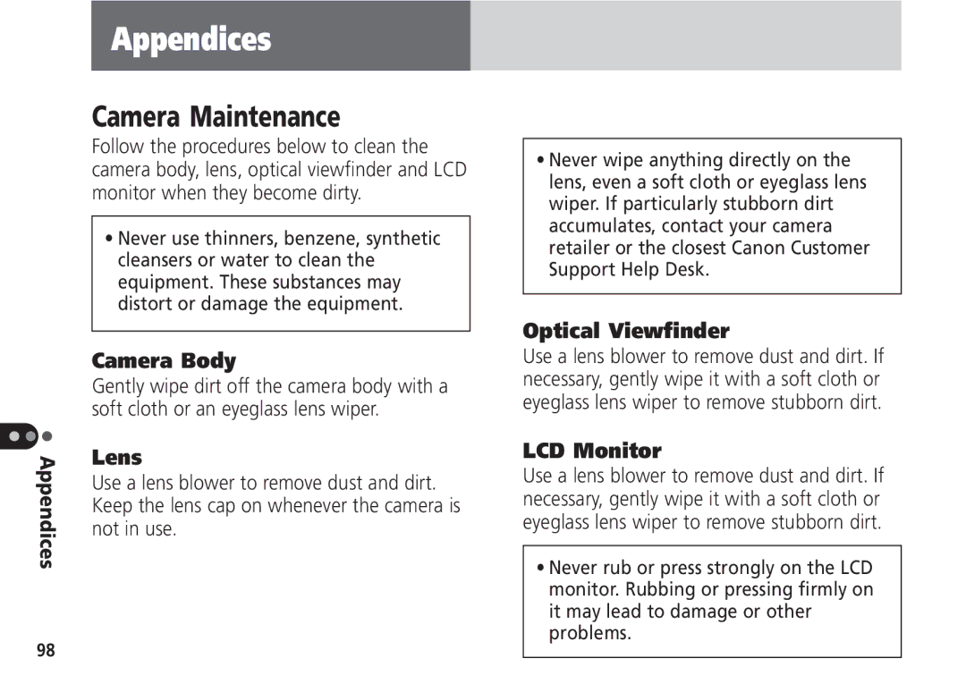 Canon Pro70 manual Camera Maintenance, Camera Body, Lens, Optical Viewfinder, Appendices 