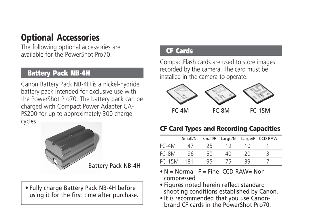 Canon Pro70 manual Optional Accessories, Battery Pack NB-4H 