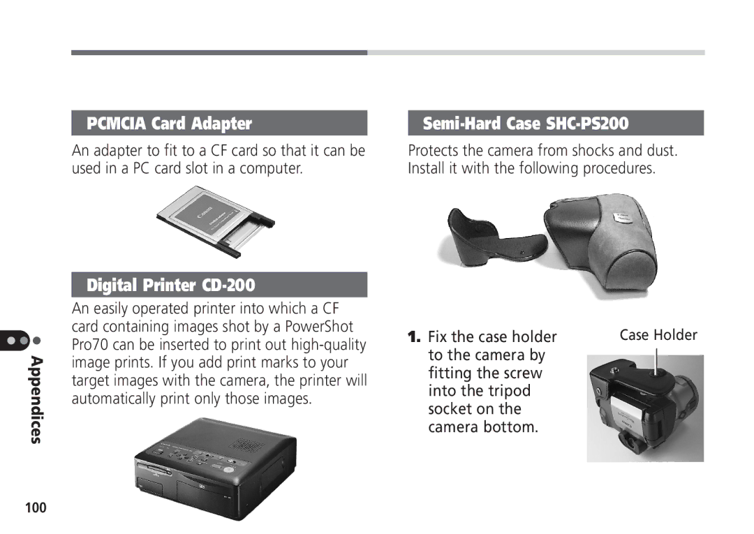 Canon Pro70 manual Fix the case holder, 100 